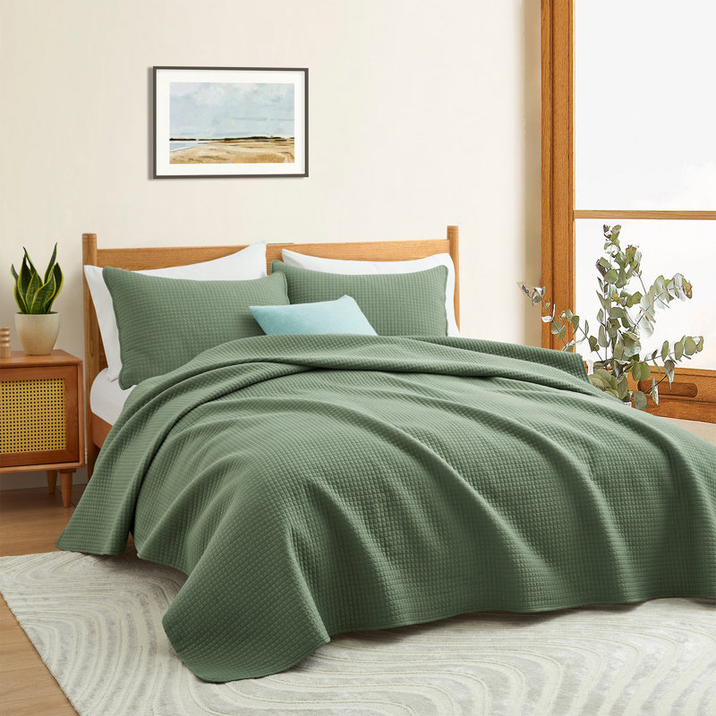 Stroman Quilted Microfiber Coverlet Set, Twin Quilt + 1 Standard Pillowcase, Green