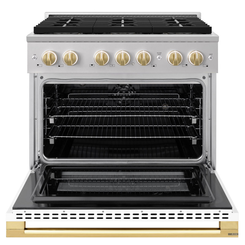 Zline 36 in. Marino Dual Fuel Range with 6 Burner DuoPro Cooktop & Convection Oven w/ White Door, White Matte, Polished Gold