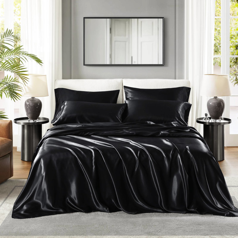 Drap de luxe noir 7 pièces en satin 100% satin, froissé, doux sur les cheveux, 1 plat, 2 ajustés, 4 taies d'oreiller à surface lisse, réduit les frisottis,