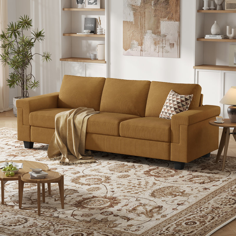 Canapé en polyester à accoudoirs carrés Dereon, H 32,7 po x l 90 po x P 35 po, Corduroy Turmeric