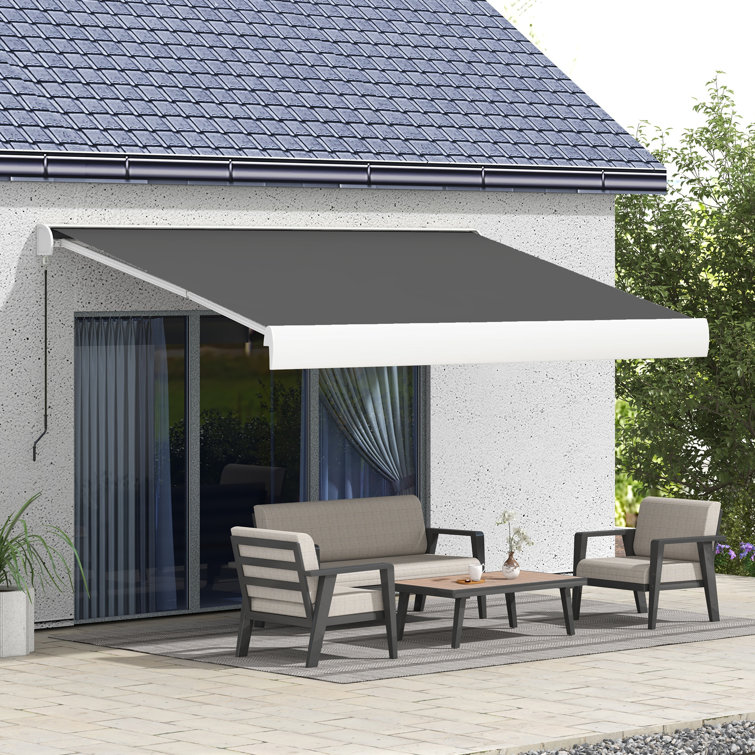 Outsunny 395cm W x 300cm D Polyester Cover Motorised Retractable Patio Awning,Door Canopy,Window Awning,Freestanding Awning