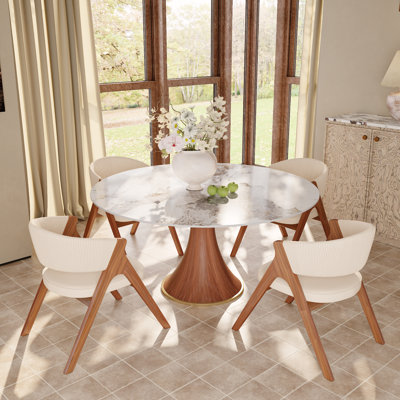 Round Dining Elegant Sintered Stone Table Set And 4-8 Upholstered Back Chairs For 4-8