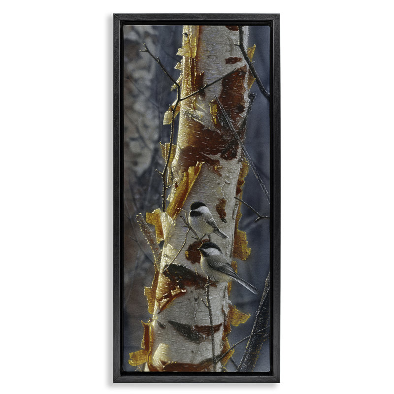 Cadre flottant Sunchit Birch Chickadees, design par Collin Bogle, H 25 po x l 11 po, Cadre flottant noir de jais