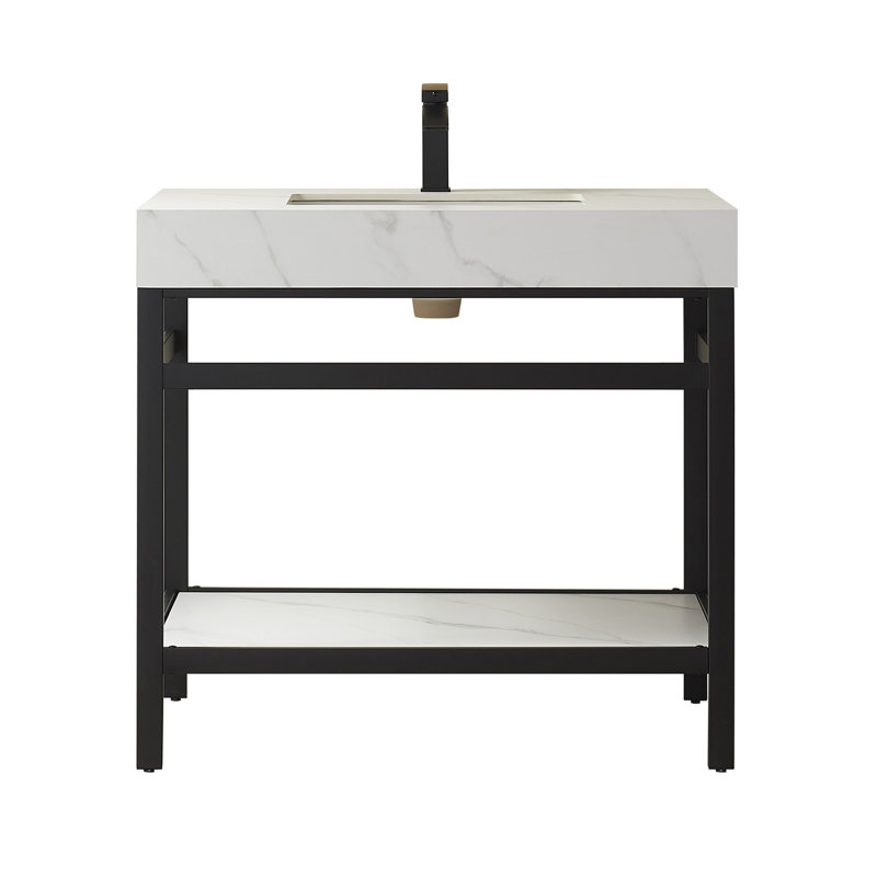 36'' Single Bathroom Vanity with Stone Top, Snow Mountain White, Matte Black, Matte Black