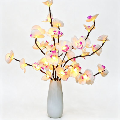 Tige d'orchidée papillon artificielle blanche avec lumières DEL, paquet de 2 branches de fausse phalaenopsis pour décoration de vase