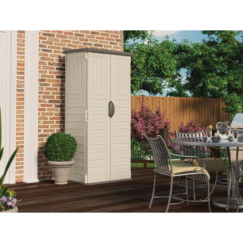 Suncast Outdoor 32.25 in. W x 24.75 in. D x 72 in. H Resin Vertical Tool Shed, Vanilla