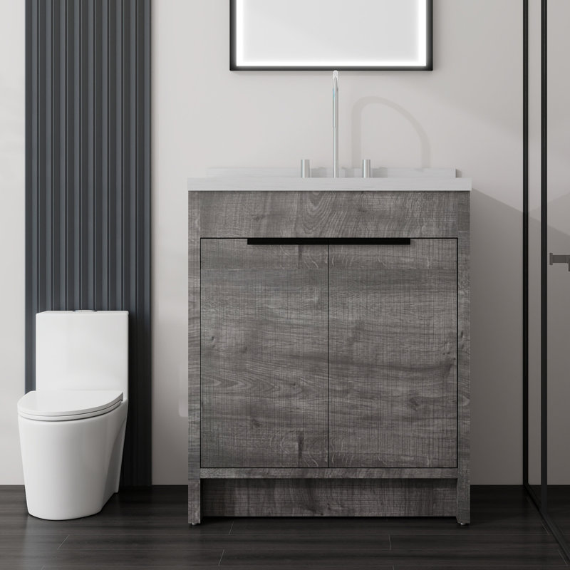 Meuble-lavabo autoportant de 30 po avec lavabo et porte à fermeture en douceur, Grey, 30"