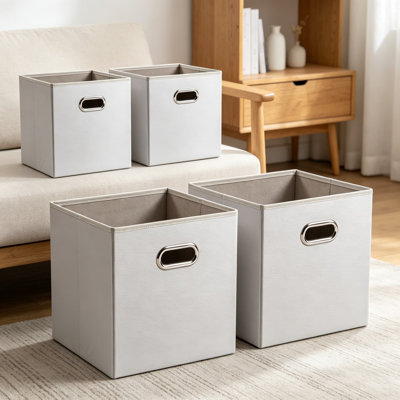 Leather Foldable Cube Storage Bins, 13 X 13 X 13 Inch, 4-Pack Fabric Storage Baskets With Cotton Handles, Organizer For Shelves, Nursery, Closet, Bedr