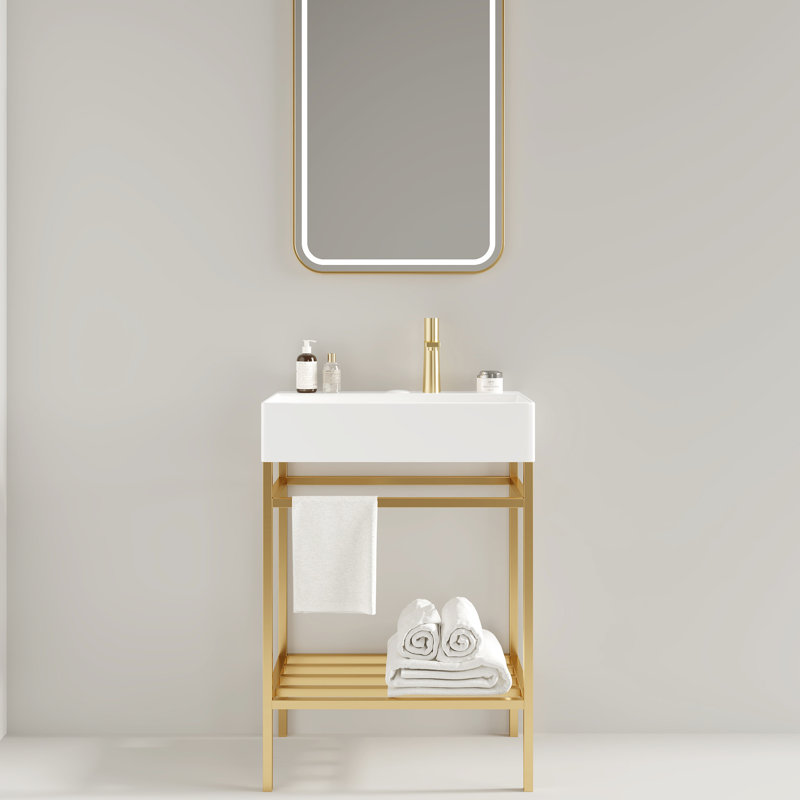 Meuble-lavabo de salle de bain avec lavabo en céramique rectangulaire de 24 po - blanc, console autoportante, pieds en métal, or, tablettes avec rangement, lavabo rectangulaire, ouvert
