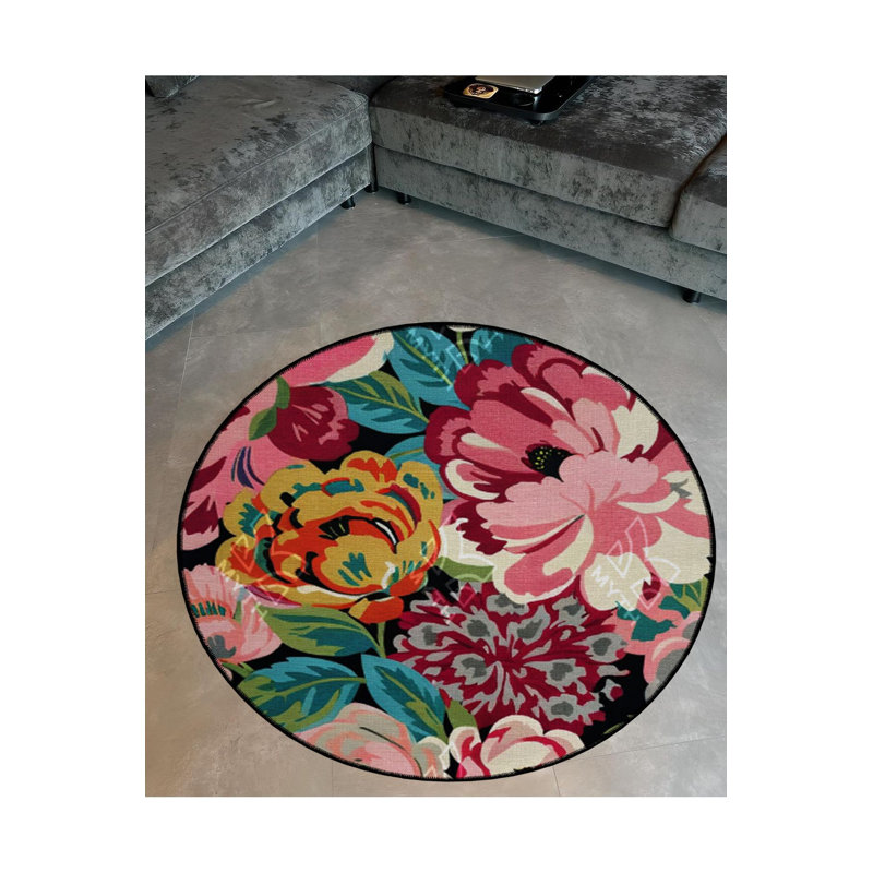 Tapis décoratif multicolore multicolore à motif floral rond lavable à la machine, Rond 3 pi 3 po
