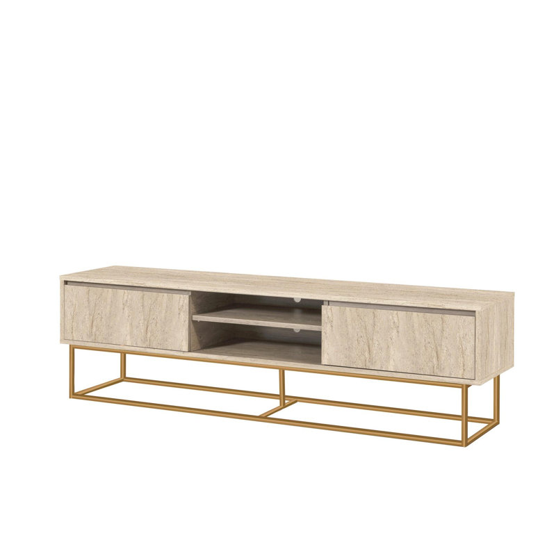 Modern TV Stand with Metal Frame, Travertine Color, 70.9 x 19.7 x 15.7 inches | 100% Melamine Coated Particle Board, Thickness: 0.7 inches | Wall-Mountable, Multiple Shelves, Stylish & Functional Design