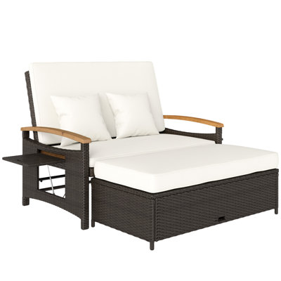 Lit de jour d'extérieur en rotin avec dossier réglable à 4 niveaux, canapé-lit de patio avec causeuse, repose-pieds avec rangement, accoudoir en bois d'acacia, méridienne double avec coussins, coussins, plateaux rétractables, beige