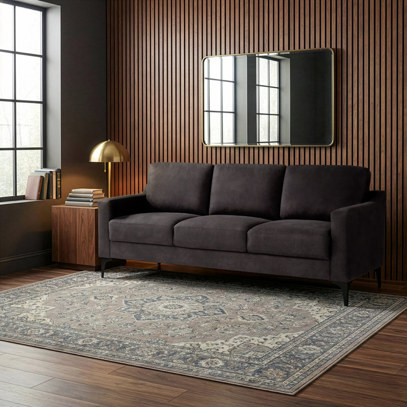 Turner 68.9" Square Arm Faux Suede Sofa, Charcoal Polyester, Black