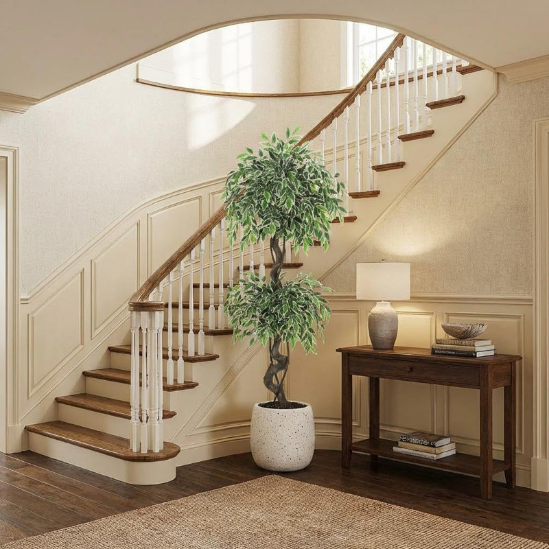 Ficus artificiel 5 pi avec plante blanche et cailloux, plante d'intérieur artificielle