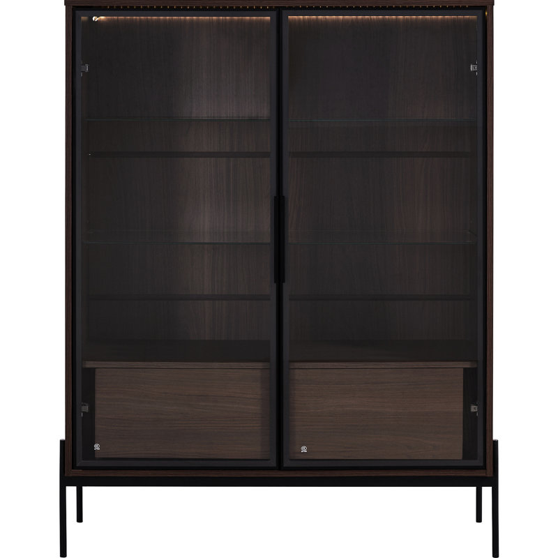 Led Lighted Showcase With Tempered Glass. Modern Minimalist For Home. Metal Legs, Material. 4 Adjustable Shelves, 2 Storage Drawers, Black + Dark Walnut Glass Display Unit Led. Study Room. .