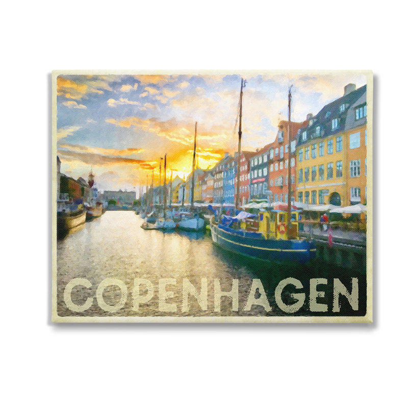 Conception d'art mural sur toile de bateaux de canal de Copenhague par Graffitee Studios, H 16 po x l 20 po