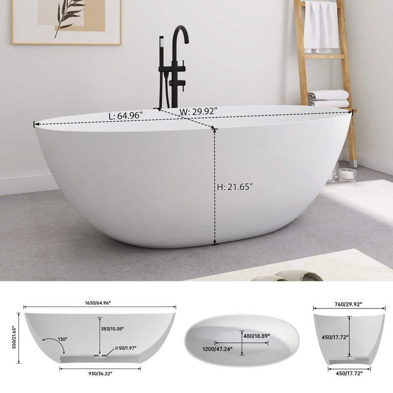 65'' x 29'' Freestanding Soaking Solid Surface Bathtub, White
