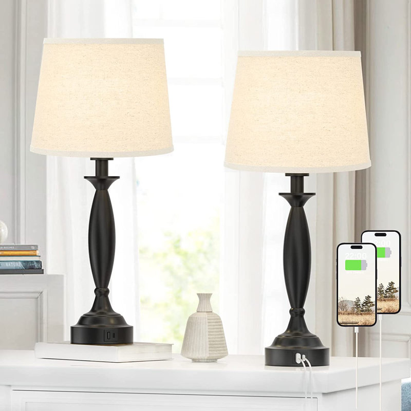 Lampe de table USB en métal Stantonsburg, Noir, Crème