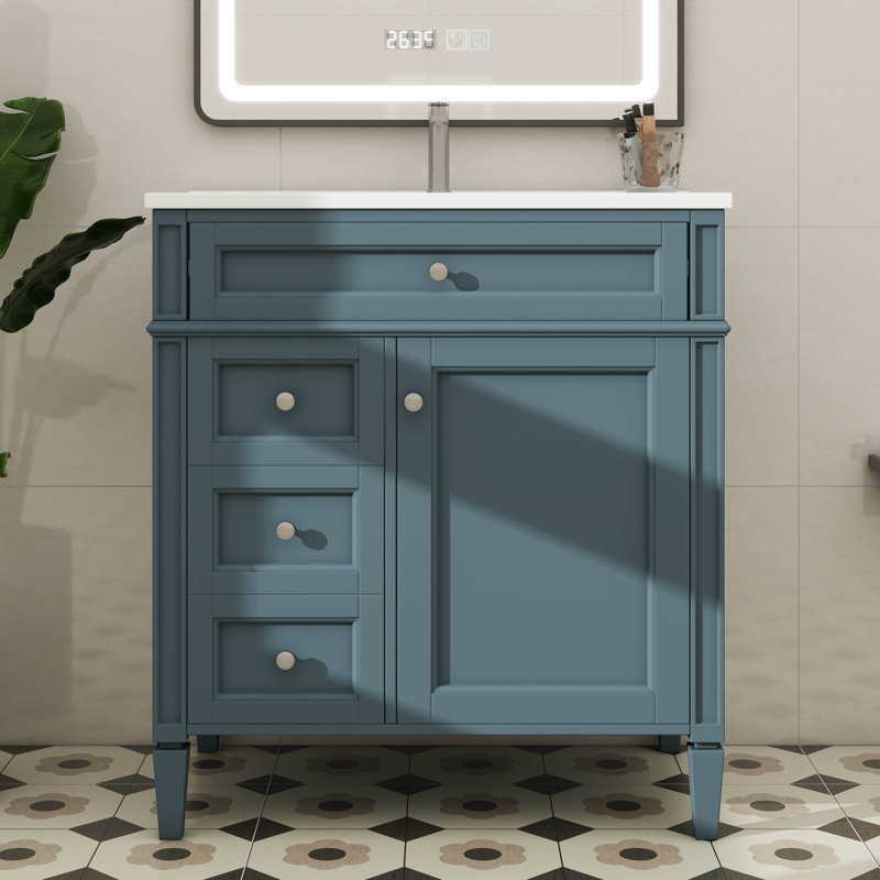 Meuble-lavabo innovant de 30 po avec lavabo, 2 tiroirs, une armoire et un tiroir basculant, Bleu / Argent