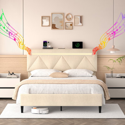 Full Bed Frame With Headboard, Upholstered Platform With Charging Station & LED Lights, Wooden Slats Support