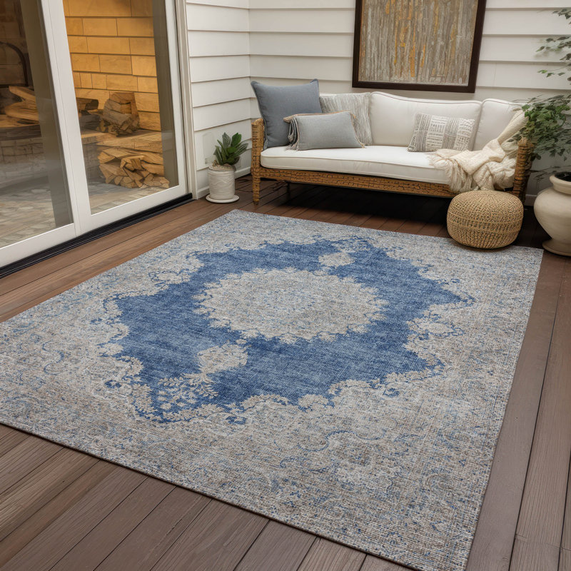 Navy Rectangular Synthetic Flat Woven Washable Rug 3' x 5'
