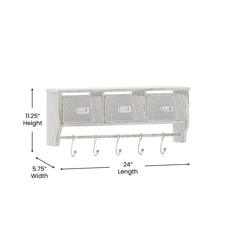 Thalha Wall Mounted Storage Rack with Upper Shelf, Wire Baskets, and Hooks, White Wash