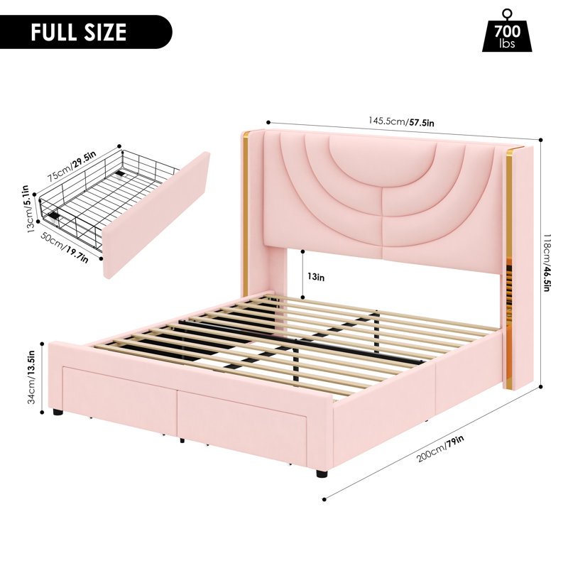 Ensemble de chambre à coucher 3 pièces, lit de rangement avec lumière DEL, 2 tables de chevet avec station de charge, Rose