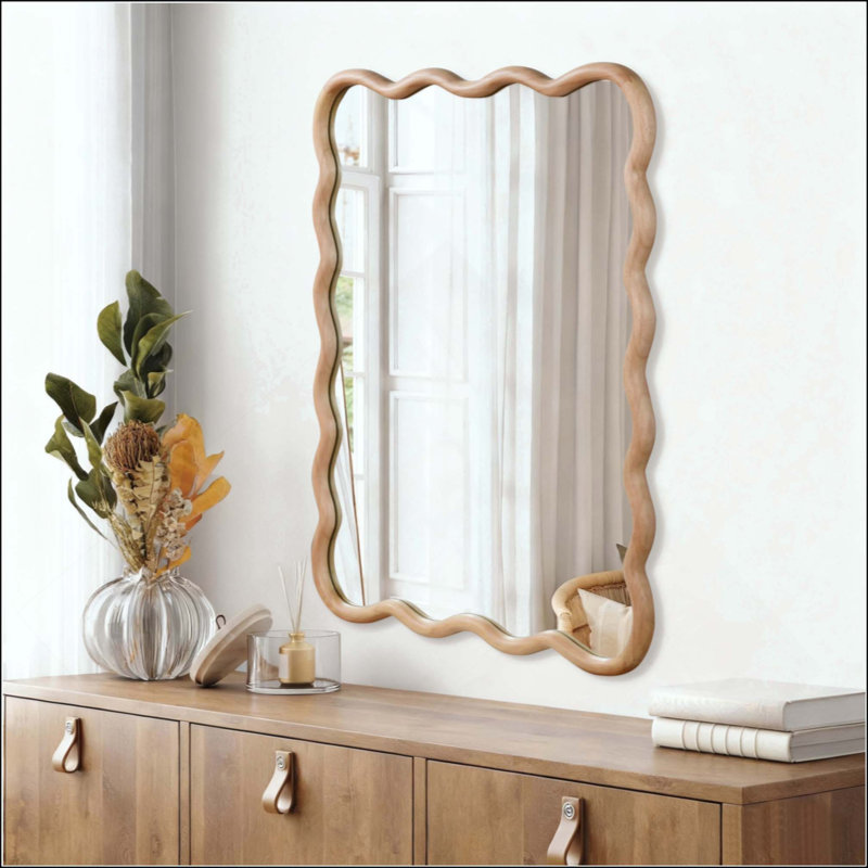 Miroir ondulé à cadre rectangulaire en bois massif, miroir mural bohémien sans distorsion, 30 po x 40 po, Bois naturel