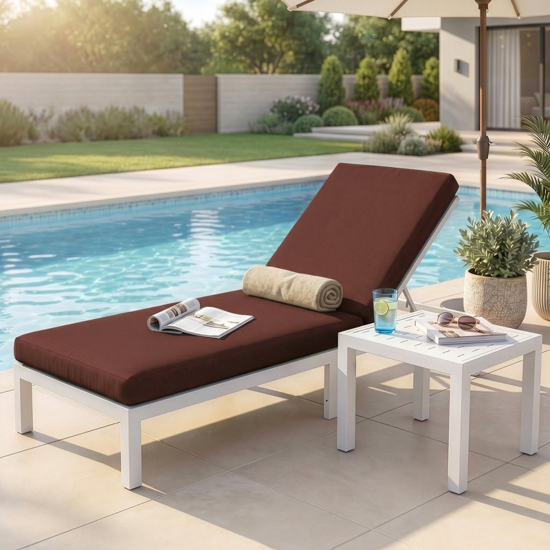 Chaise longue d'extérieur en aluminium avec table d'appoint et coussins, inclinable réglable antirouille pour patio, piscine, terrasse