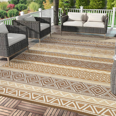 Tapis d'extérieur, tapis de paille en plastique pour l'extérieur, tapis d'extérieur imperméables 9 x 12 pour les patios, tapis de camping pour l'extérieur, tapis tissés recyclables gris pour la cour, la terrasse, brun / brun clair