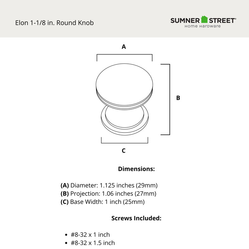 Elon 1-1/8" Polished Nickel Round Knob, Polished Nickel