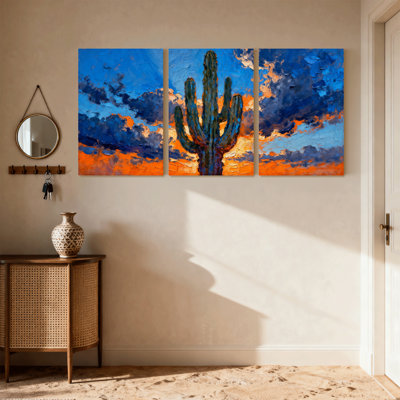 Cactus désert Cactus coucher de soleil ciel réflexion sur toile, ensemble de 3 impressions sur toile