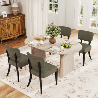 Ensemble de 3 tables de salle à manger extensibles ovales en panneau de fibres à densité moyenne blanc cassé ovales en bois massif 4/6, base à deux colonnes incurvées pour la salle à manger