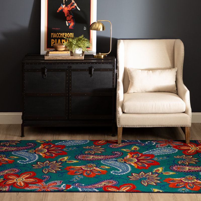 Kamberk Teal Modern Floral Area Rug, Runner 2' x 5'