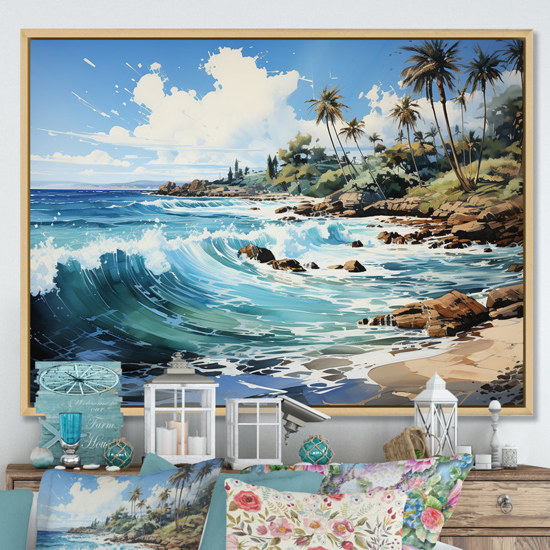 Palmier turquoise sur fond tropical, Cadre naturel flottant, H 24 po x l 32 po x P 1 po
