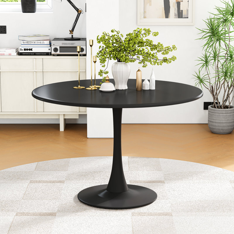 5-Piece Round Metal Pedestal Dining Table With 4 Velvet Dining Chairs, Blue/Gold, Black