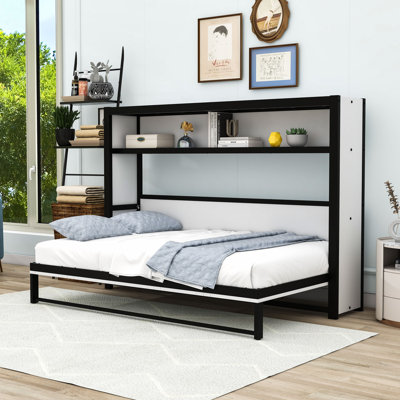 Twin-Size Metal Murphy Bed with Built-In Shelves