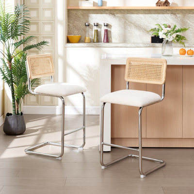 Ambrine Upholstered Boucle Counter & Bar Stool with Cane Rattan Back