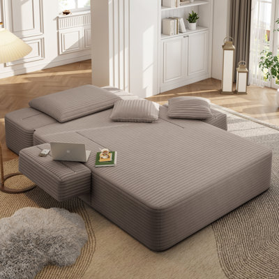 Chaise longue en velours côtelé luxueux avec 3 coussins, canapé-lit convertible avec poche de rangement, conception sans cadre et mousse à compression