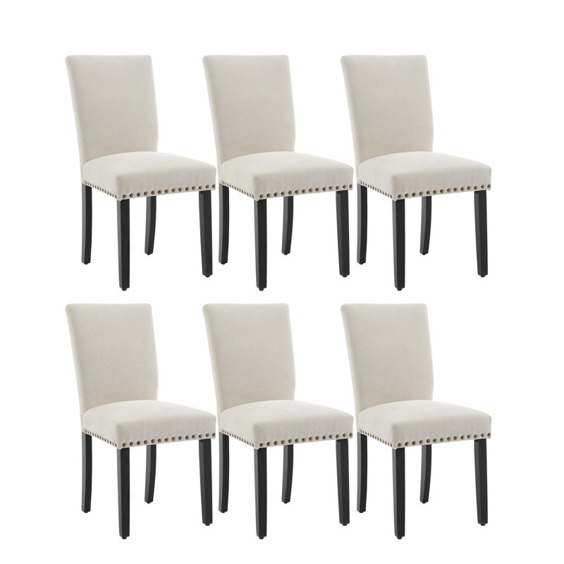 Modern Upholstered Dining Chairs Set – Parsons Style, Nailhead Trim, Sturdy Wood Legs, Padded Fabric Cushion – Accent for Dining Room, Kitchen, or Living Room – Beige