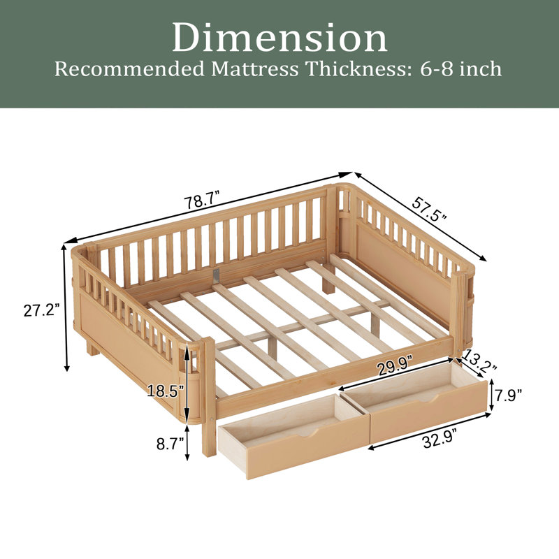 Lit plateforme en bois pour enfants, lit simple en bois à profil bas avec rails pour filles et garçons, Double, Naturel