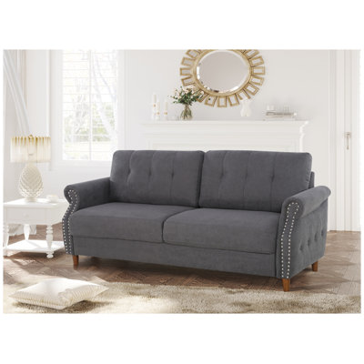 Transitional Grey Button Tufted Loveseat with Rolled Arms