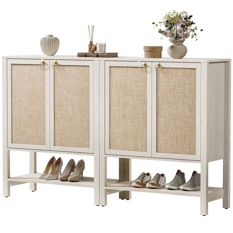 Pomodoro Boho Shoe Cabinet with Adjustable Shelves, White Cream Oak, Set of 2