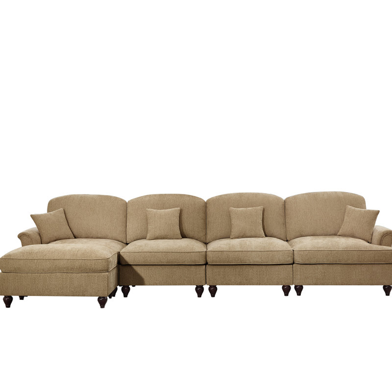 Canapé confortable en chenille à quatre places avec mousse segmentée et haute densité et ornements filetés argent pour un canapé modulaire luxueux en forme de fleur, dossier, pétale, jupe amovible