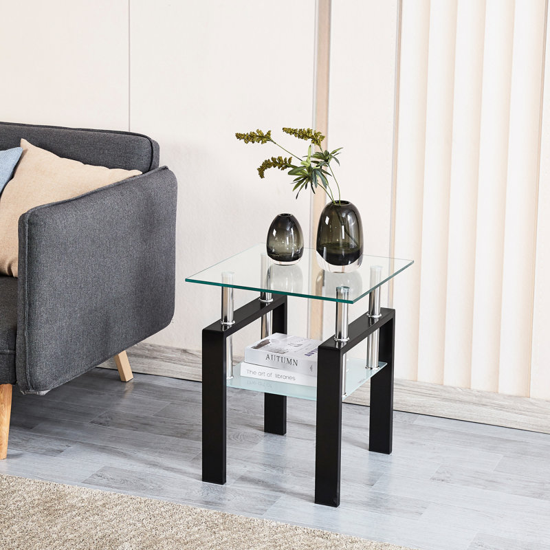Table de bout en verre trempé transparent, 2. table d'appoint de salon. Conception carrée élégante. Plateau de 8 mm, tablette de 5 mm. 17,91 po X 20,86 po 20,73 lb Table simple à assembler et à assembler facilement