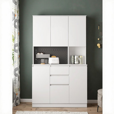 Armoire garde-manger autoportante blanche 74 po avec station de charge, tablette à micro-ondes et rangement pour tiroir - Armoire à buffet pour la cuisine, la salle à manger
