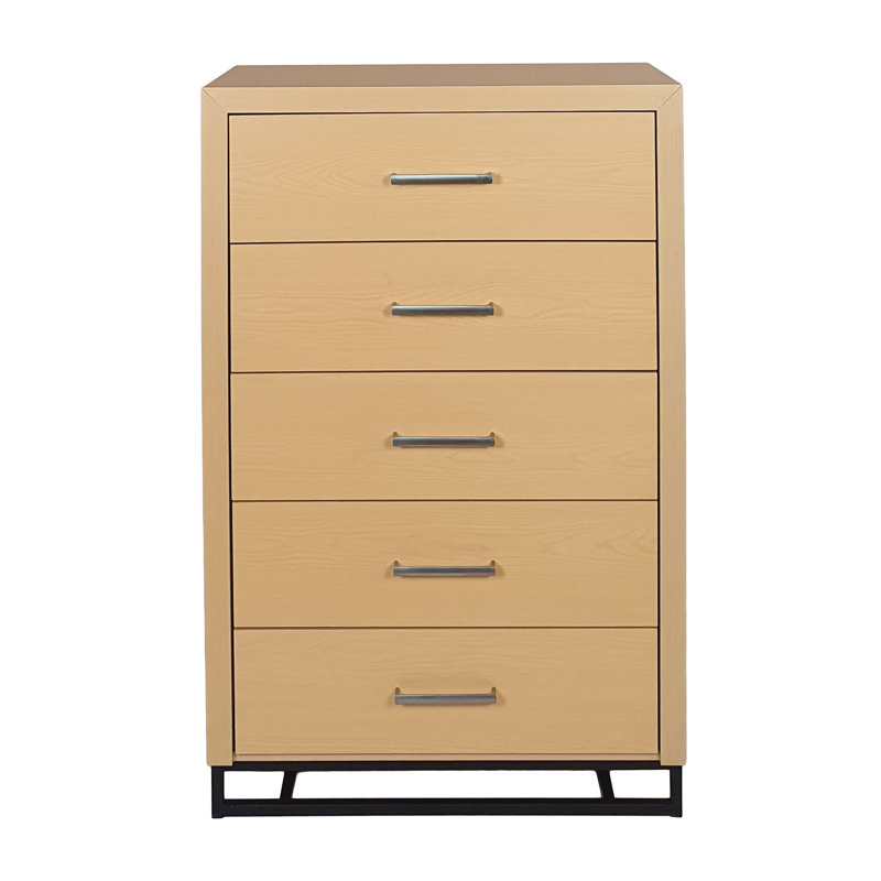 Commode haute avec 5 tiroirs, base en fer, bois brun naturel, Brun naturel
