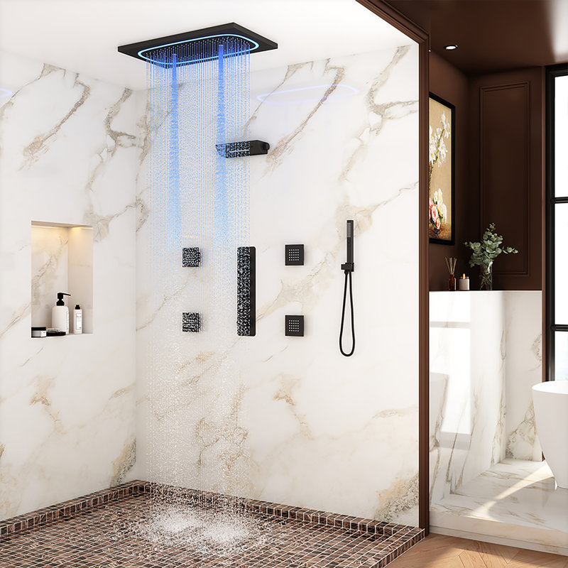 Système de douche thermostatique à DEL 5 fonctions avec musique Bluetooth, 4 jets corporels, douche à main