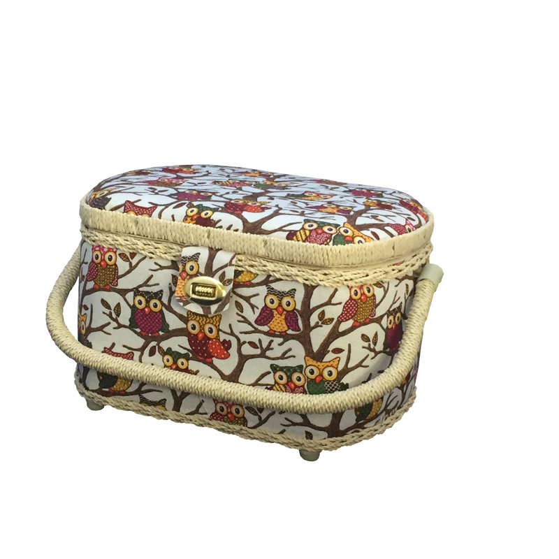 Large Owl-Patterned Fabric Sewing Basket with Plastic Handle