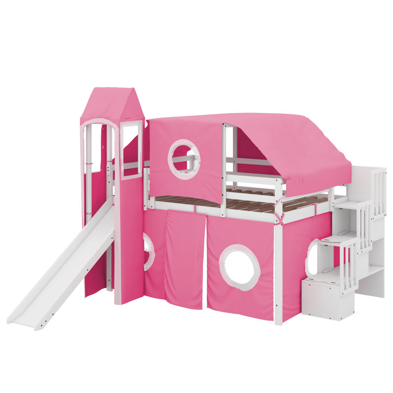 Lit mezzanine double avec tente et tour, Rose